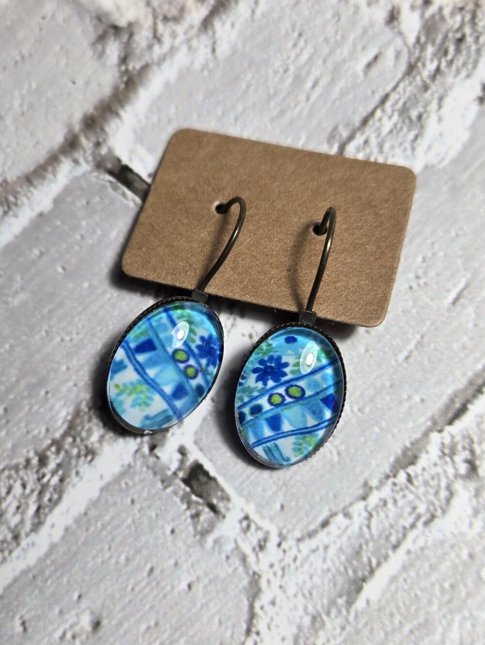 Vintage Blue and Brass Tone Drop Earrings - Picture 3 of 12